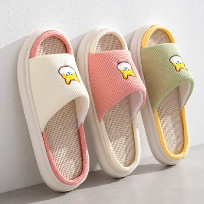Spring and Autumn New Linen Slippers with Dog Embroidery - Thick Sole Non-Slip Indoor/Outdoor Adult Slippers