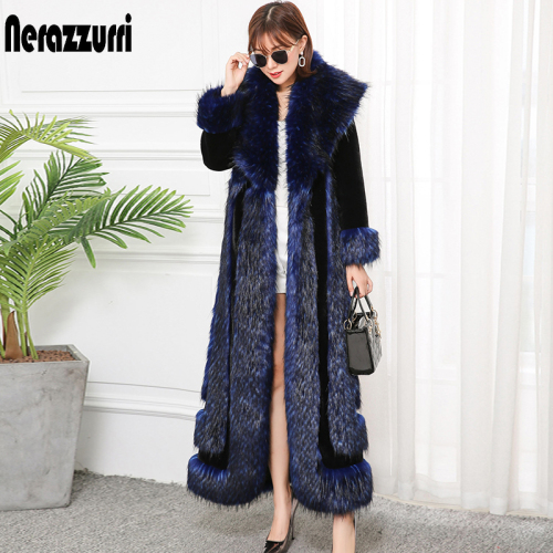 Nerazzurri Extra long winter faux fur coat 2019 runway womens fashion plus size streetwear fluffy thicken warm fake fur coats