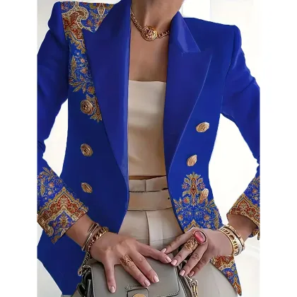 Elegant Blue Floral Print Turn-Down Collar Blazer