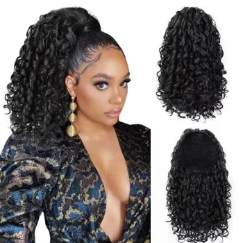 pixie curly ponytail synthetic hair black color kinky straight water wave very big size ponytail