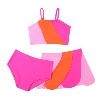 2024 New Nylon Color Block Split Swimsuit Set with Skirt