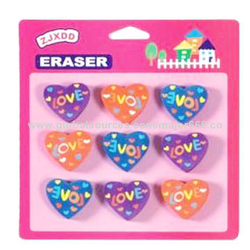 Eraser set, love heart-shaped, printed lovely pattern, customized designs are accepted