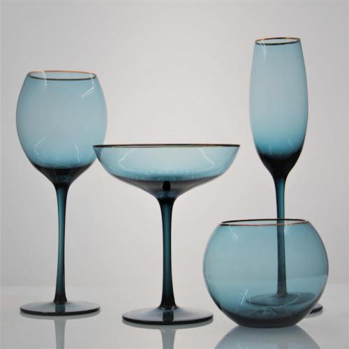 Stemless Wine Glasses blue wine glass set with gold rim Manufactory