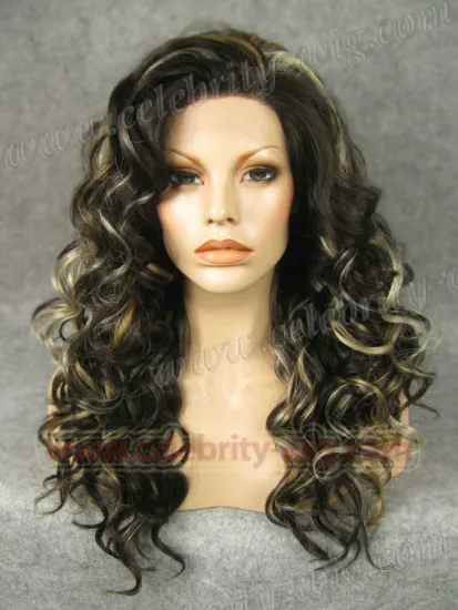 Medium Length Curly Brown with Blonde Highlighted Synthetic Lace Front Wig
