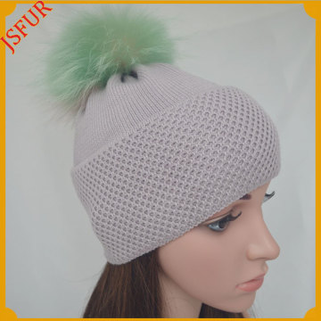 Jsfur Wholesale Winter Hat Cotton Knit Cap With Real Raccoon Fur Ball