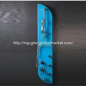 Blue color tempered glass shower panel with waterfall faucet