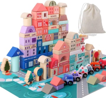 Montessori Wooden Toy City Blocks: 100-Piece Urban Traffic Construction Set for Kids