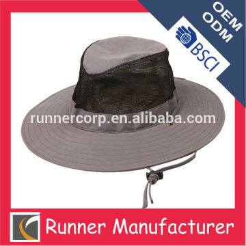 Wide brim custom printed bucket hats with string and black mesh