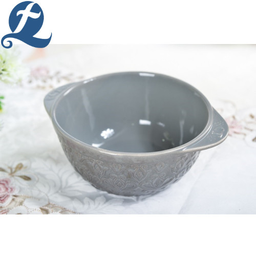 Embossment Round Ceramic Mixing Bowls with Handle