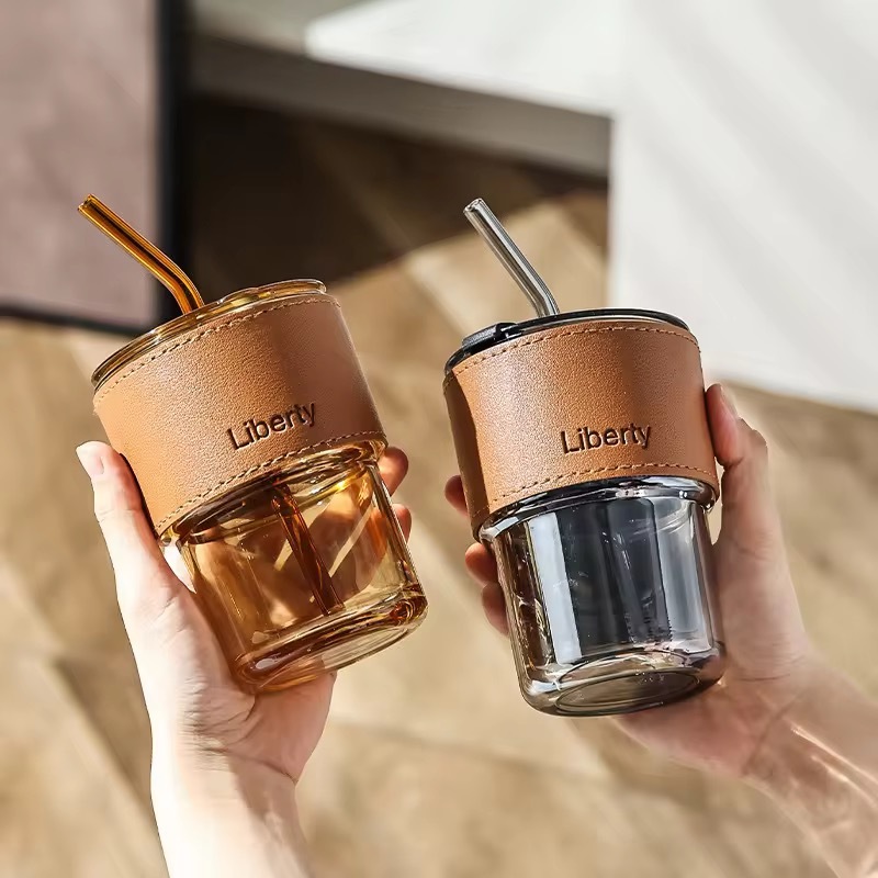Liberty Glass Tumbler with Leather Sleeve and Straw