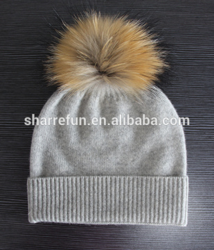 flat knit cashmere beanie hat with raccoon fur pompoms