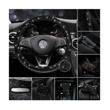 Customizable Black Diamond Style Bling Bling Car Steering Wheel Cover and Shoulder Cover Set