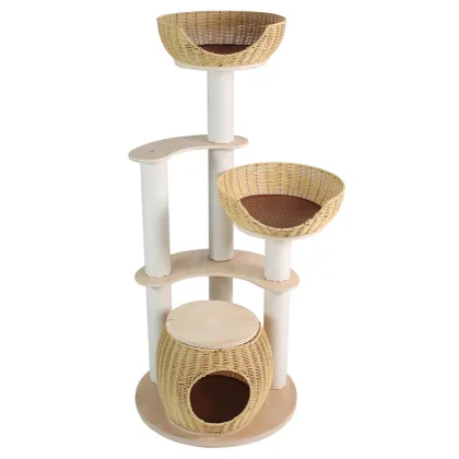 Solid Wood Rattan Cat Tree with Condo