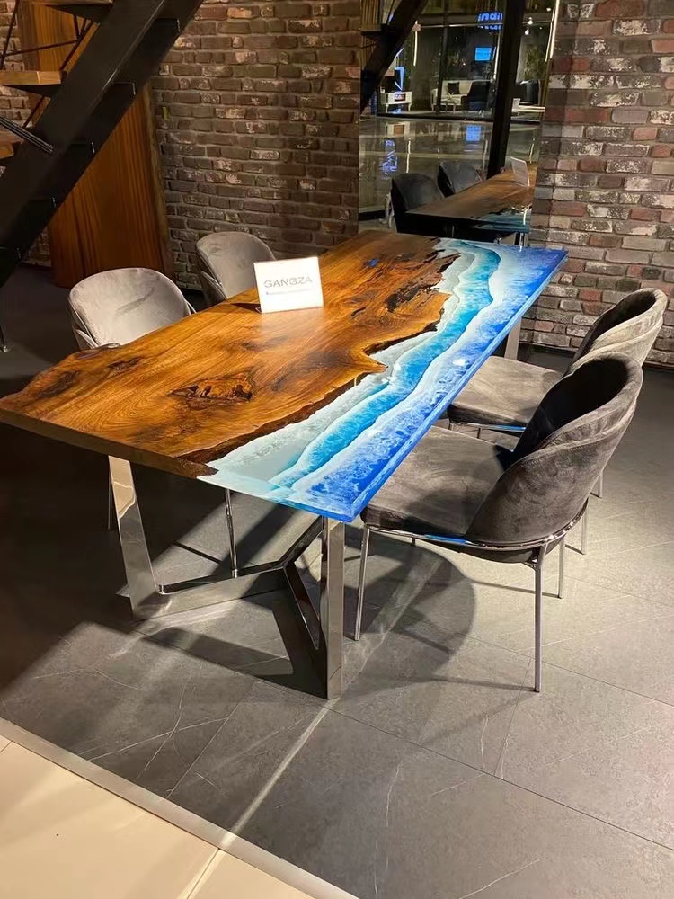 Free Logo Home Furniture Direct Solid Walnut Wood Coffee Kitchen Restaurant Cafe River Epoxy Resin Slab Dining Table