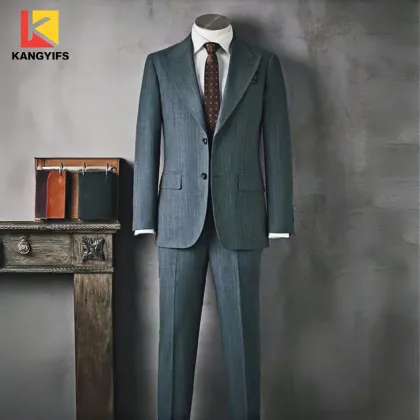 KANGYIFS Gray Green Striped Single Breasted Suit