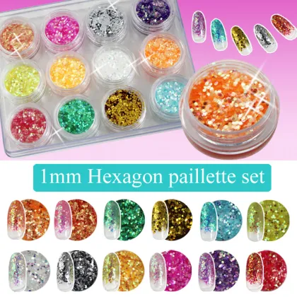 12 Colors Nail Decorations Hexagon Nail Art Supplies Glitter Powder