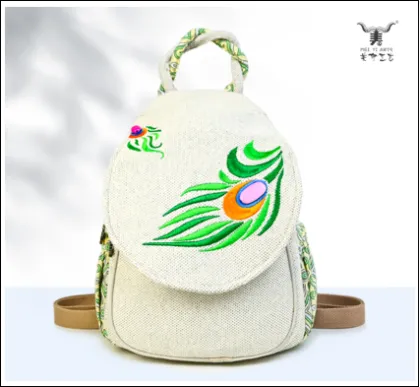 Polyester-cotton Peacock Feather Embroidered Backpack