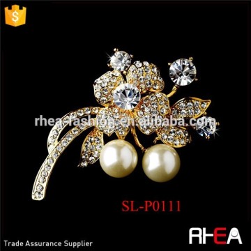 Golden Floral Brooch with Clear Rhinestones and Ivory Pearls Brooch