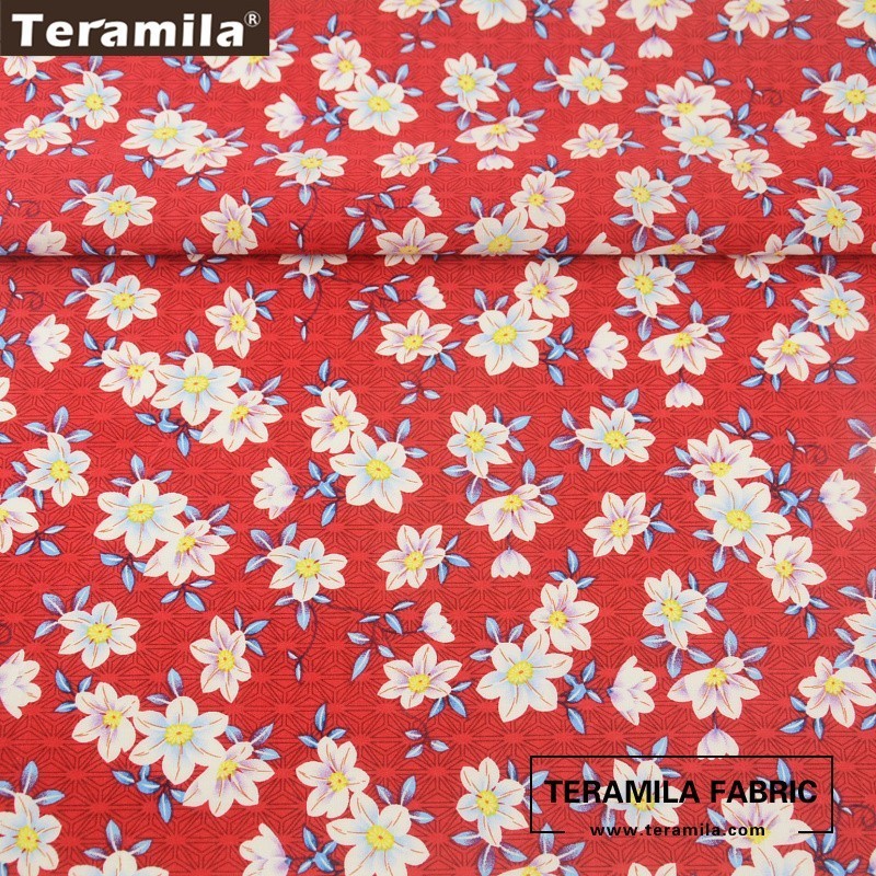 Teramila Cotton Poplin Fabric Red Fat Quarter Meter Textile Tissue Printed Lily Flowes Style Cloth Dress Shirt Quilting tecido
