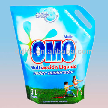 round bottom stand up die cut handle bag for detergent and softener