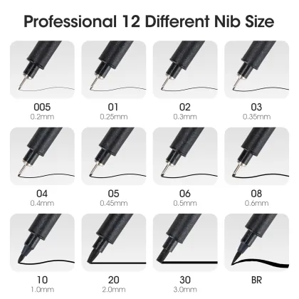 12 Different Sizes Micron Pigment Fineliner Pens - Black Drawing Pen for Factory Sales