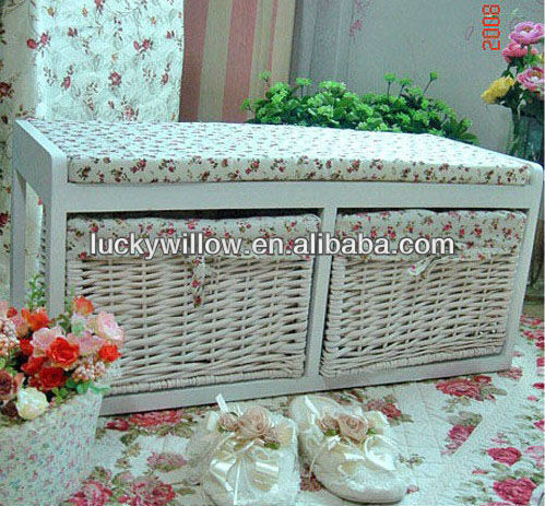 wicker white bench unit & trunk with 2 wicker drawers for added storage