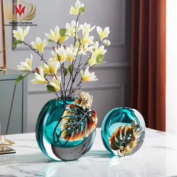 HJ HOME Luxury Decor: Crystal Business Gifts, Handcrafted Oval Glass Vases, Sky Blue Flowered Porcelain Enamel