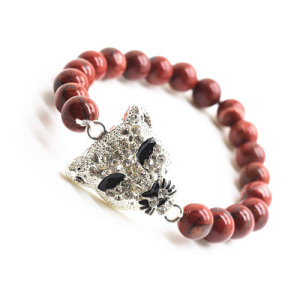 Red Jasper 8MM Round Beads Stretch Gemstone Bracelet with Diamante alloy leopard head Piece