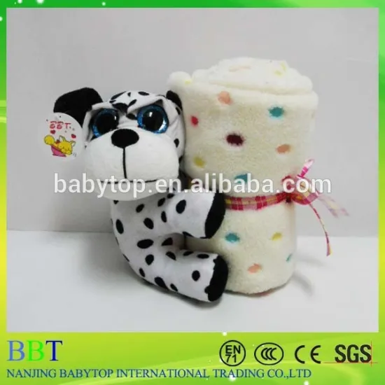 plush spotty dog toy, stuffed dog with small baby blanket