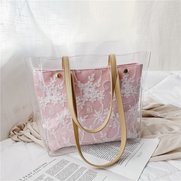 Beg Tote PVC Clear Tote beg bunga bordir