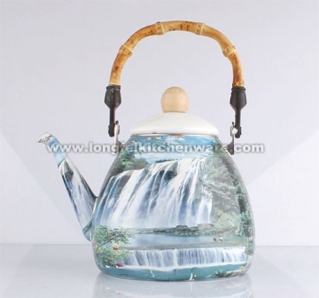 Enamel Kettle with Bamboo Handle Full Decor