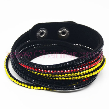 New arrival rhinestone paved black leather wrap bracelet