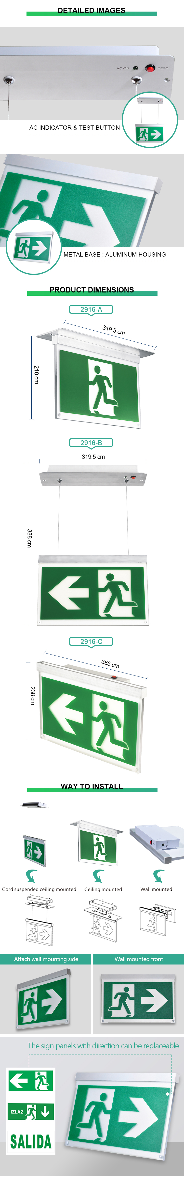 Escape routing and anti-panic lighting new style aluminum self luminous exit light LE2916-C