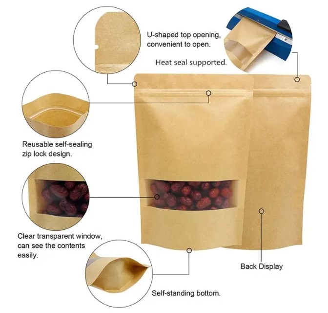 Wholesale Stand Up Zipper Kraft Paper Food Bags With Clear Window