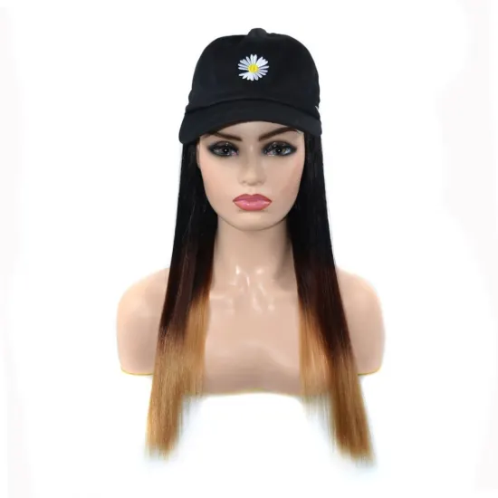 MYZYR Long Synthetic Baseball  Hair Wig Natural Black 20inch Naturally Connect Hat Wig Adjustable For girl party