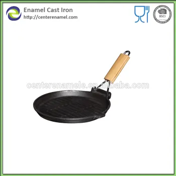 24cm matte black round cast iron enamel BBQ grill pans with removable wooden handle