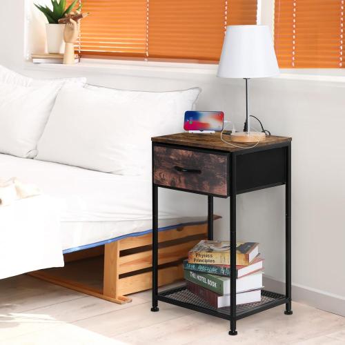 Bedroom Nightstand with Charging Ports Storage Shelf