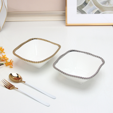 Modern Gold Bead Rim Porcelain Bowls - 6 Inch Square Snack & Soup Bowls for Kitchen