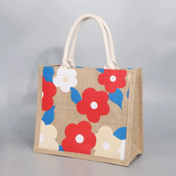 Custom Flower Pattern Hand-held Jute Tote Bag