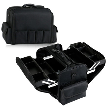 Soft fabric folding cosmetic bag with two-tiered tray box inside nylon portable vanity bag