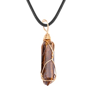 Yellow Tiger Eye Stone Hexagonal Pointed( 8x32mm) Pendant Wrapped Gold Wire Necklace 45cm Black Cord