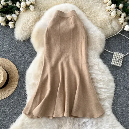 LW0250 High Waist Knitted Skirt Women's Winter 2024 Elastic Lotus Fishtail Skirt