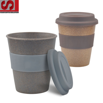 Custom Logo Printed Eco Bamboo Fiber Coffee Cup with Silicone Band and Lid - Sustainable Promotional Gift