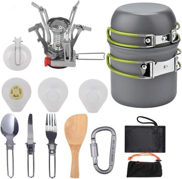 Kit di pasticcio di pentole da campeggio Feistel: stufa portatile, pentole, padelle, carabinatore, coltello, cucchiaio e forchetta