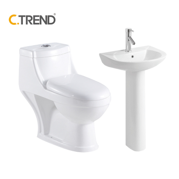 Modern One Piece White Toilet Set with Pedestal Basin