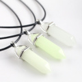 Dark Luminous Stone Fluorescent Hexagonal Column Necklace Natural Crystal Glowing in Dark Bullet Stone Pendant Leather Necklace