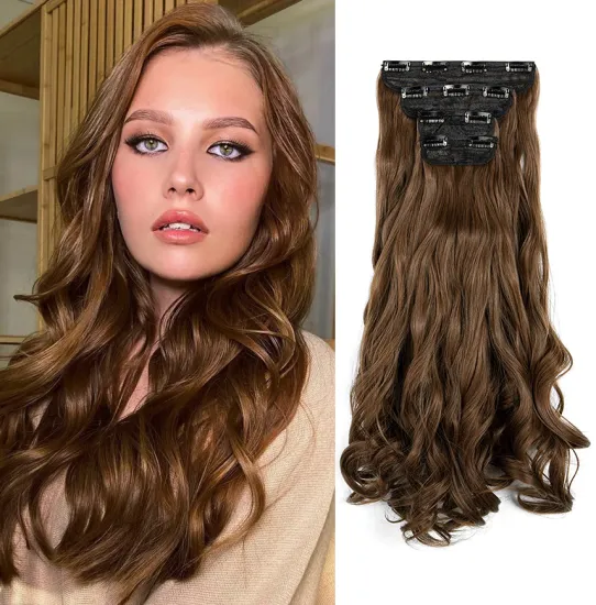 wholesale Long Brown Wavy Hair Extensions Clip in Hairpiece for Women 2p4p5p Synthetic Full Head Invisible Wavy Clip Extensions