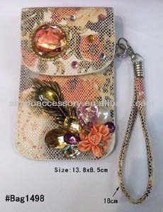 fashion pu leather tote cell phone bag phone bag mobile phone bag with metal feather and fabric flower applique