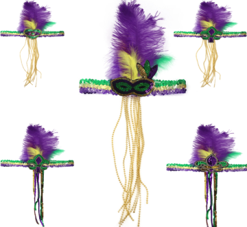 Purple Gold Green Sequin Feather Headband for Women's Carnival Masquerade Party