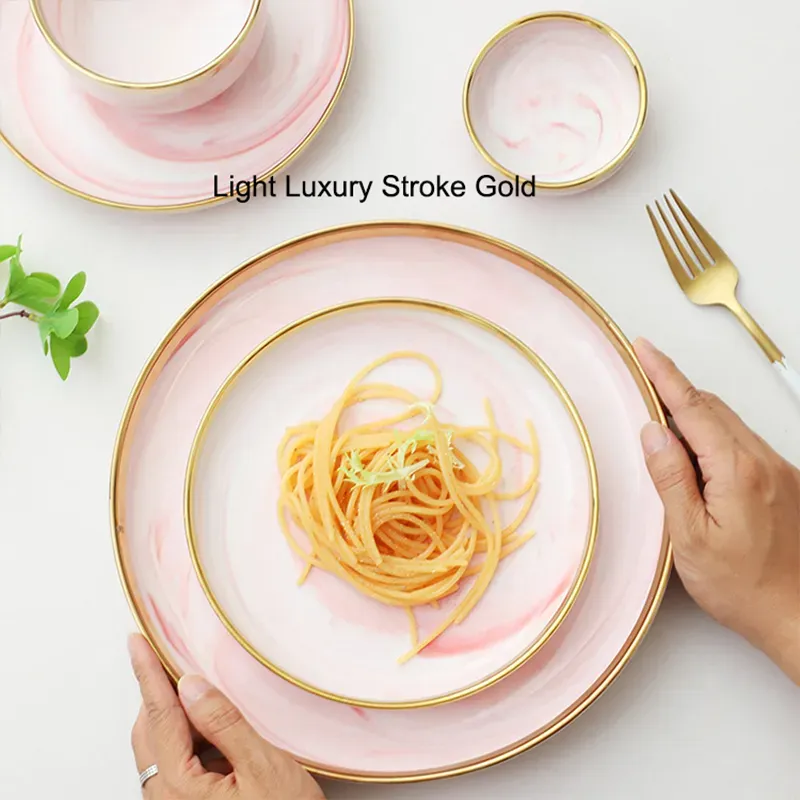 Luxury Marble Pink Glaze Ceramic Charger Plates with Gold Edge